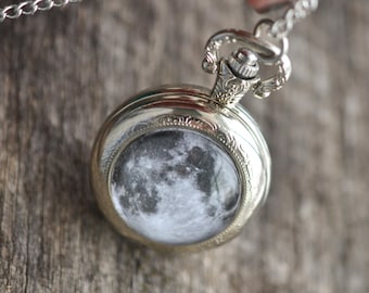 Full Moon Pocket Watch Necklace, Nerdy Space Jewelry, Celestial Gift