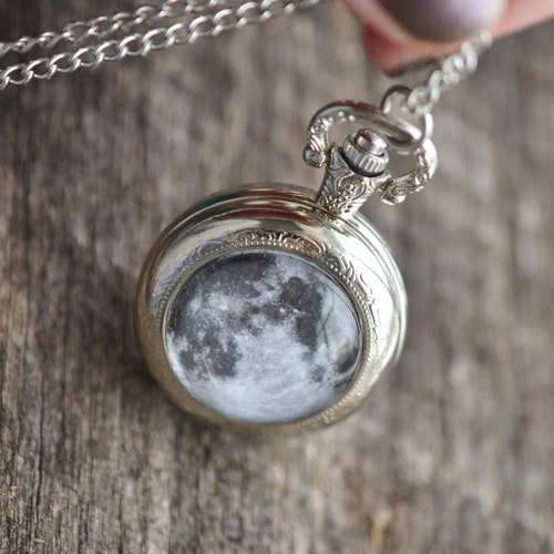 Full Moon Pocket Watch Necklace Silver Watch Necklace Silver Etsy