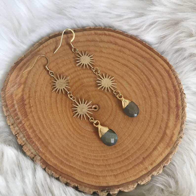 Gold Sunshine Dangle Earrings Boho Gemstone Jewelry Labradorite and Sun Drop Earrings