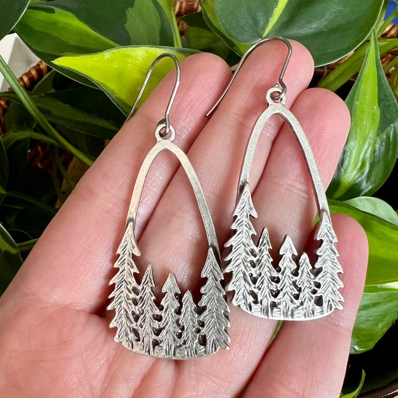 Pine Tree Forest Silhouette Dangle Earrings, Silver Nature Inspired Statement Jewelry, Gift for Outdoor Lover image 2