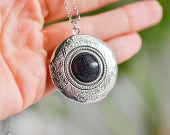 Blue Goldstone Locket Necklace, Night Sky Celestial Jewelry, Gift for Girlfriend