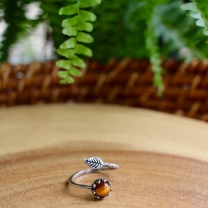 May include: A silver-toned ring with a leaf design and a round, amber-colored stone. The ring is set on a wooden surface, with green foliage in the background. The ring's design features a leaf detail and a spiral band.