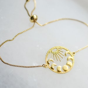 Sun and Moon Phases Gold Bracelet, Adjustable Celestial Bracelet, Boho Jewelry