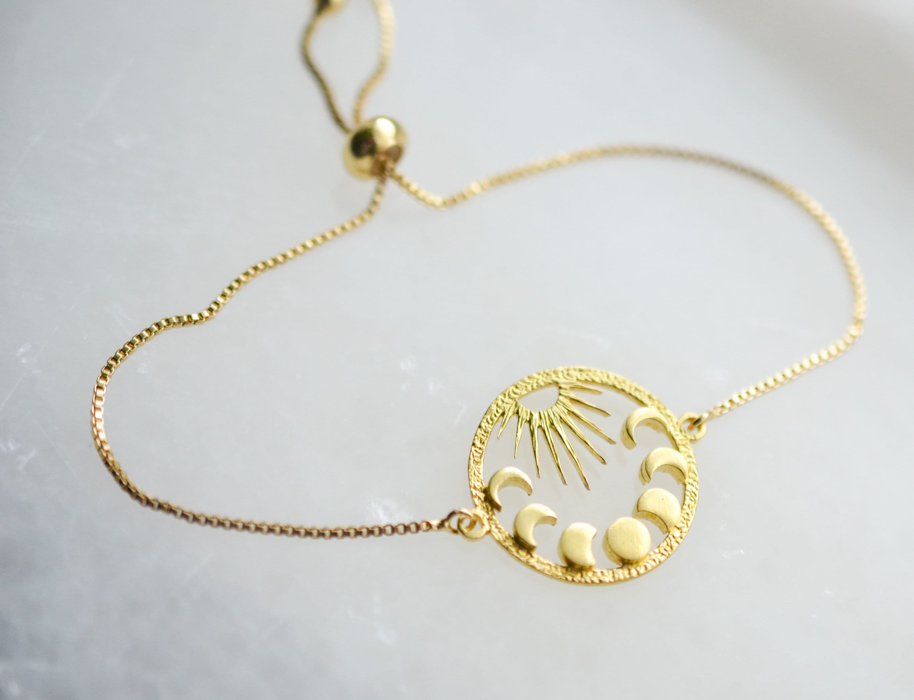 Sun and Moon Phases Gold Bracelet, Adjustable Celestial Bracelet, Boho Jewelry