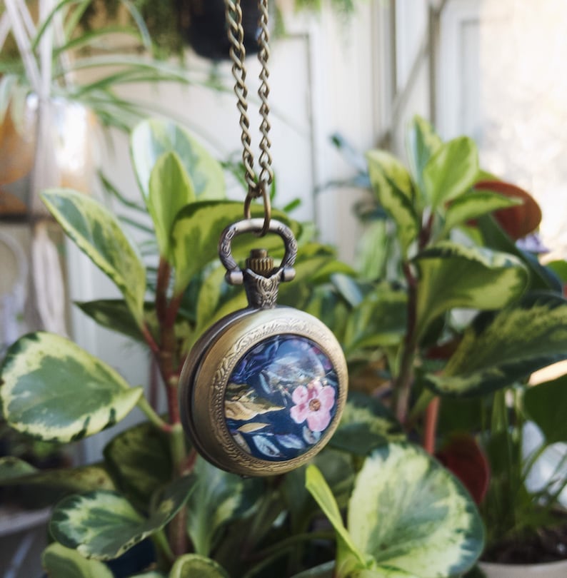 Dark Floral Pocket Watch Necklace Long Boho Necklace Etsy