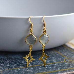Labradorite Polaris Earrings, Gold Gemstone Dangle Earrings, North Star Celestial Earrings, Boho Festival Jewelry