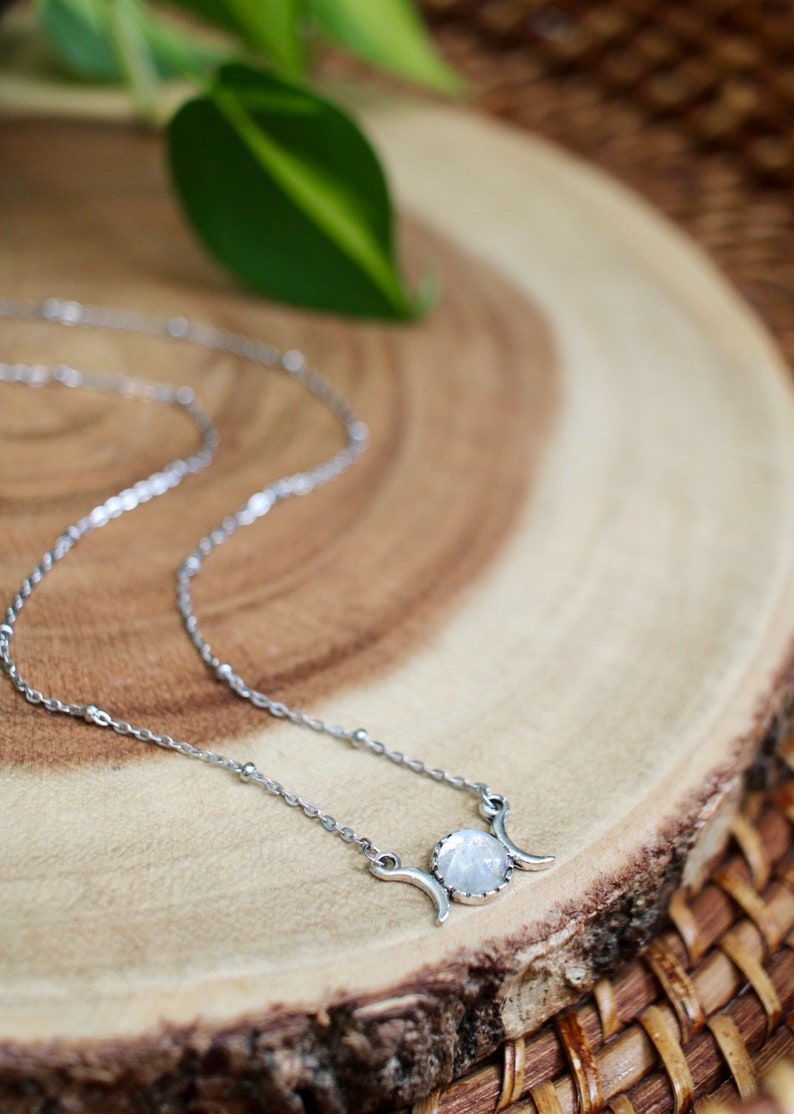 Dainty Triple Moon Moonstone Necklace, Silver Gemstone Moon Phase Jewelry, Celestial Gift Idea image 8