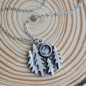 Pine Tree Moon Necklace, Forest Landscape Jewelry, Nature Lover Gift