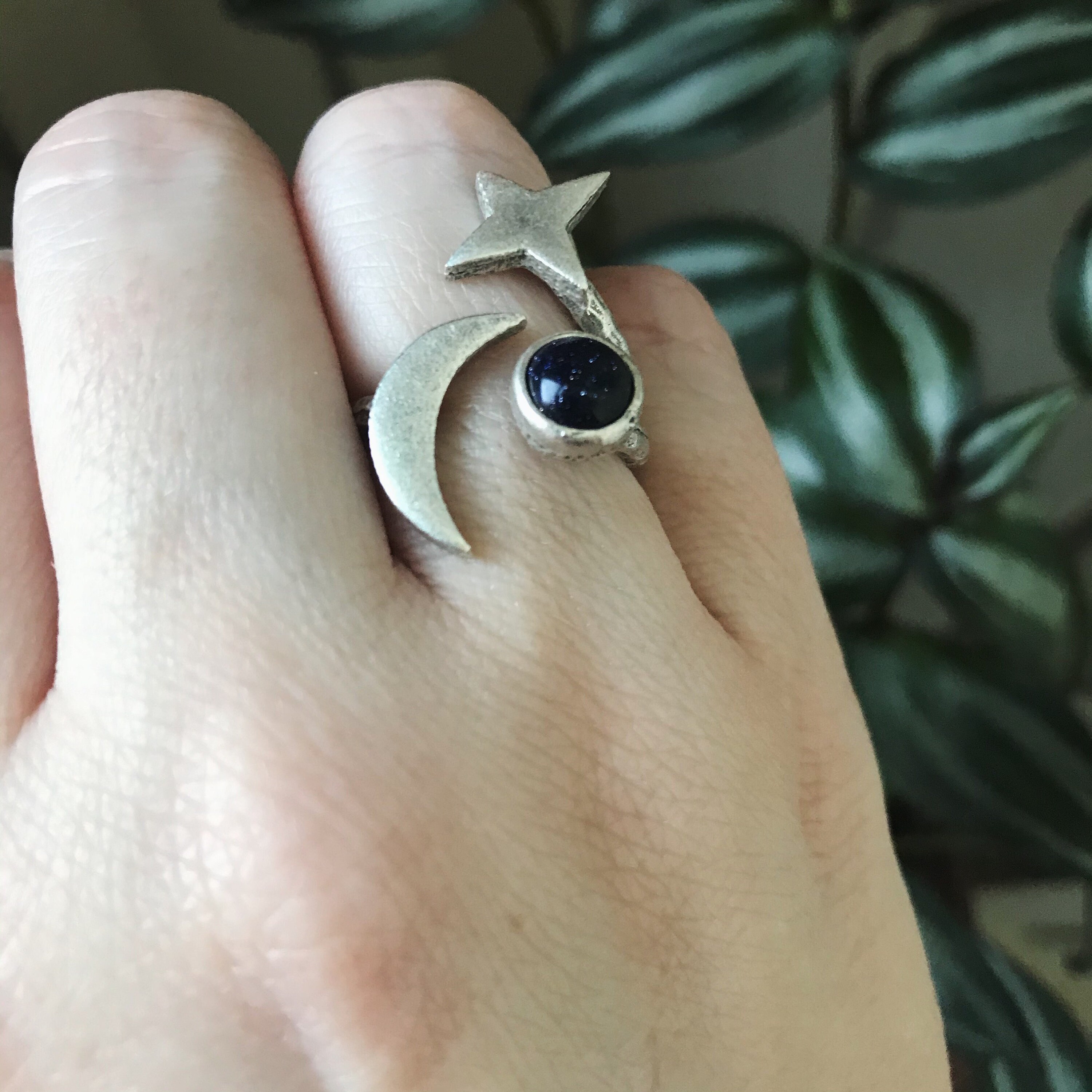 Moon and Star Hammered Ring Silver Crescent Moon Ring Etsy