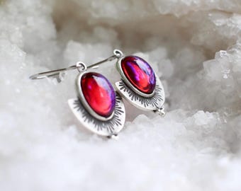 Dragons Breath Mexican Fire Opal Dangle Earrings, Red Glass Opal Boho Fantasy Jewelry