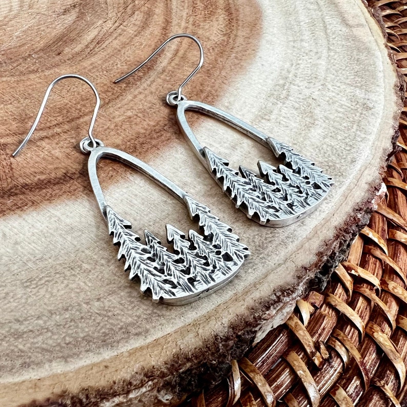 Pine Tree Forest Silhouette Dangle Earrings, Silver Nature Inspired Statement Jewelry, Gift for Outdoor Lover image 1