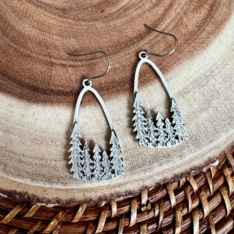 Pine Tree Forest Silhouette Dangle Earrings, Silver Nature Inspired Statement Jewelry, Gift for Outdoor Lover image 5