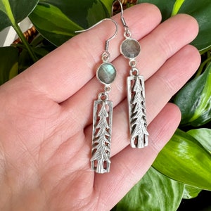 Labradorite Pine Tree Dangle Earrings, Silver Bar Forest Earrings,  Jewelry Gift for Nature Lover