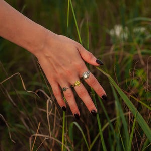 Puede incluir: Tres anillos en los dedos. Un anillo tiene una piedra oscura peque&ntilde;a, el anillo central presenta un engaste dorado en forma de estrella con una piedra central, y el tercer anillo muestra una piedra ovalada en una banda plateada ornamentada.