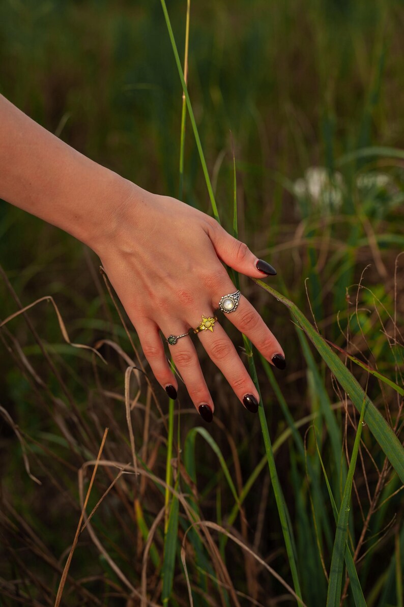 Puede incluir: Tres anillos en los dedos. Un anillo tiene una piedra oscura peque&ntilde;a, el anillo central presenta un engaste dorado en forma de estrella con una piedra central, y el tercer anillo muestra una piedra ovalada en una banda plateada ornamentada.
