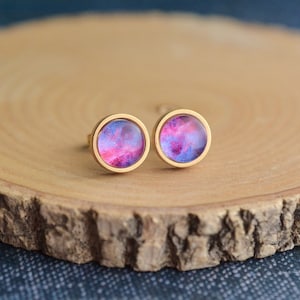 Pink and Purple Galaxy Studs, Celestial Dainty Earrings, Cosmic Space Jewelry