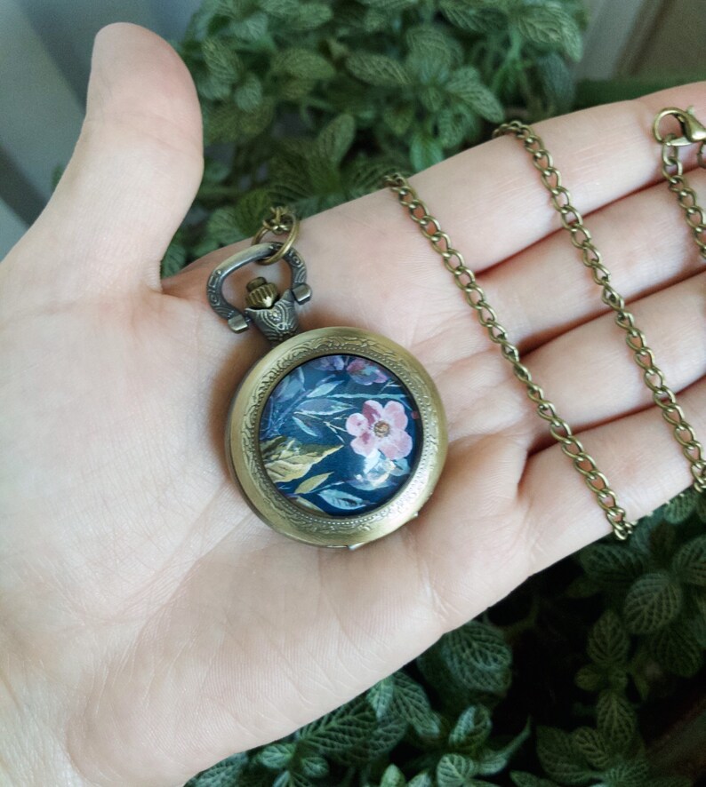 Dark Floral Pocket Watch Necklace Long Boho Necklace Etsy