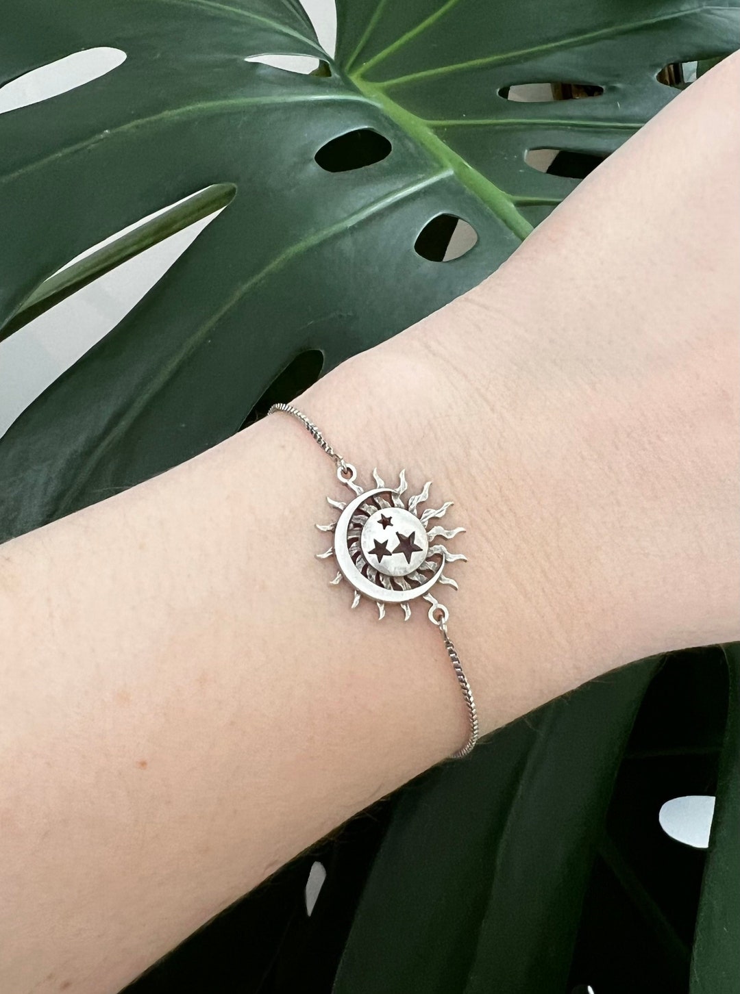 Sun Moon and Stars Bracelet, Adjustable Silver Celestial Bracelet, Boho