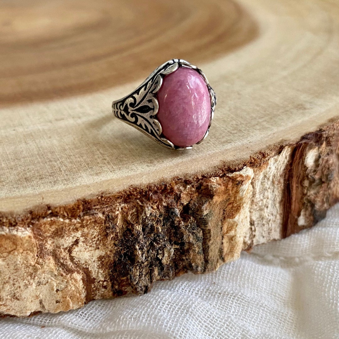 Silver Rhodonite Ring, Healing Gemstone Jewelry, Pink Stone Boho Ring ...