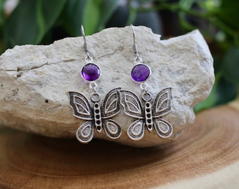 Amethyst Silver Butterfly Earrings, February Birthstone Jewelry, Nature Lover Gift