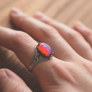 Dragons Breath Mexican Fire Opal Ring, Red Glass Opal Jewelry, Gothic Fantasy Ring