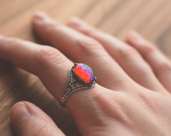 Dragons Breath Mexican Fire Opal Ring, Red Glass Opal Jewelry, Gothic Fantasy Ring