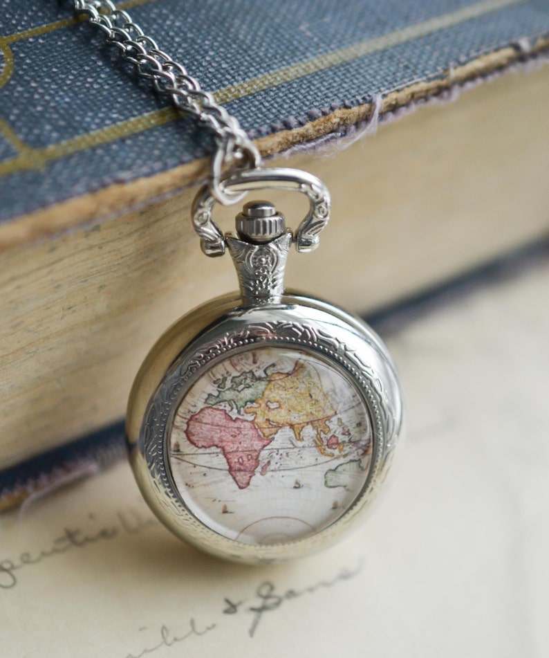 World Map Pocket Watch Necklace Antique Map Necklace Globe Etsy