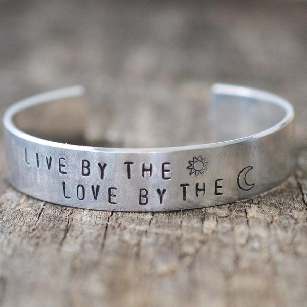 Live By The Sun Love By The Moon Bracelet, Hand Stamped Cuff Bracelet, Gypsy Jewelry, Aluminum Cuff Braclet, Handstamped Jewelry