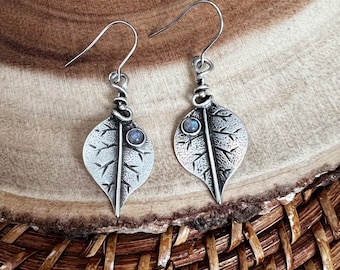 Leaf Moonstone Dangle Earrings, Nature Inspired Jewelry Gift, Bohemian Jewelry