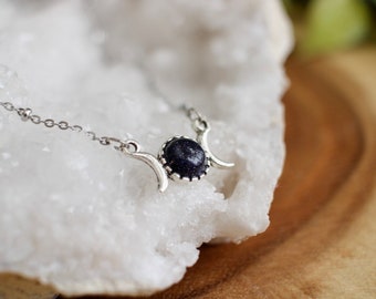 Dainty Triple Moon Blue Goldstone Necklace, Silver Gemstone Moon Jewelry, Celestial Gift