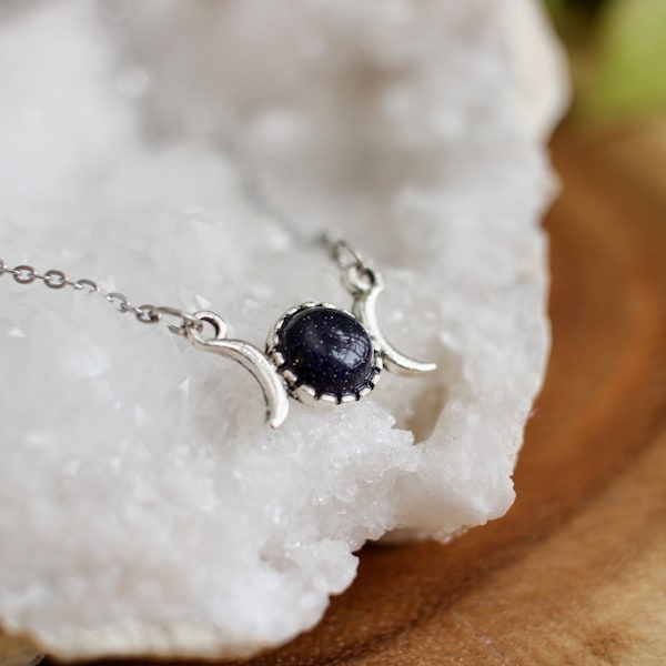 Dainty Triple Moon Blue Goldstone Necklace, Silver Gemstone Moon Jewelry, Celestial Gift
