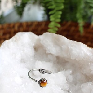 May include: A silver-toned ring with a leaf design and a round, amber-colored stone. The ring is set against a white, crystalline background, with green foliage in the background.