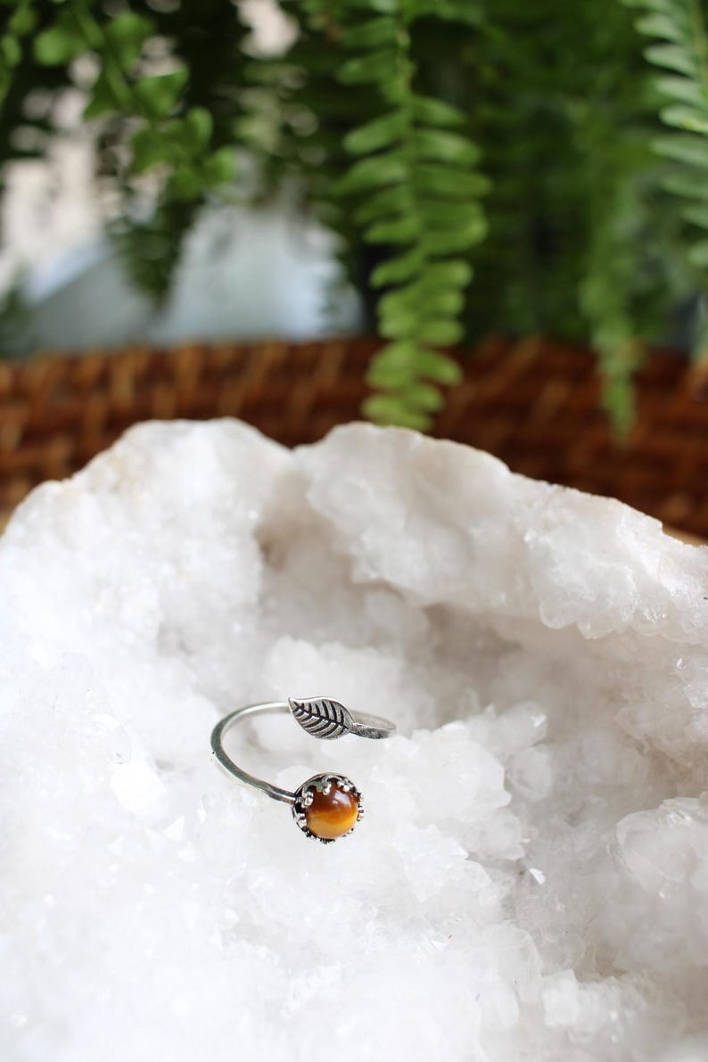 May include: A silver-toned ring with a leaf design and a round, amber-colored stone. The ring is set against a white, crystalline background, with green foliage in the background.