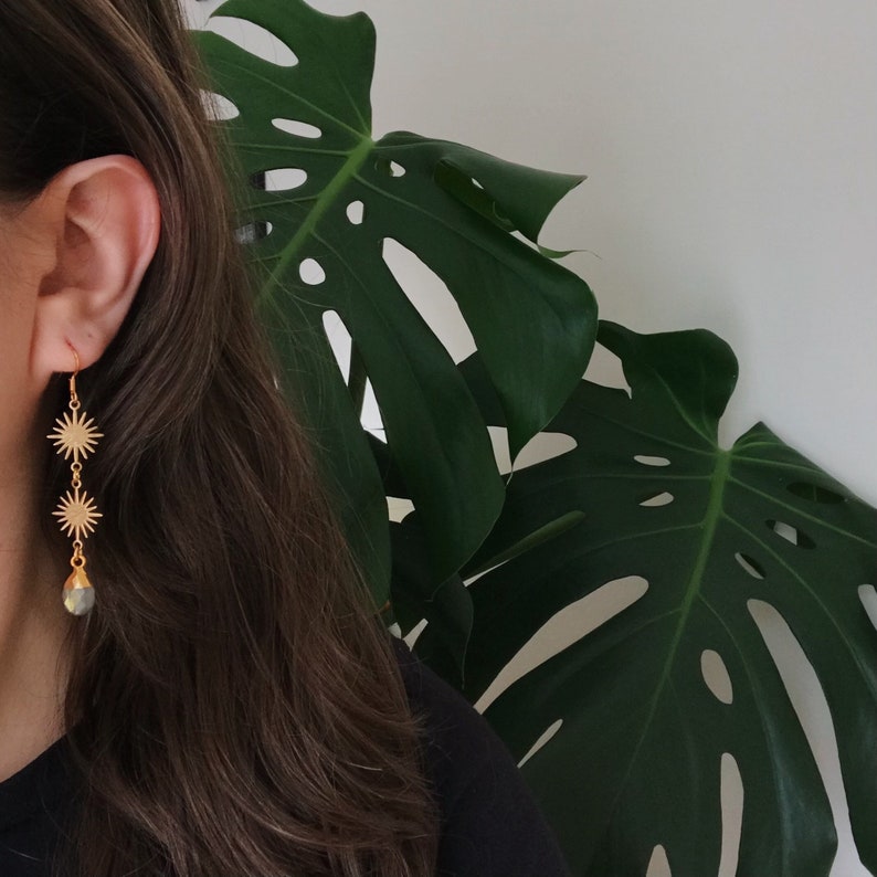 Gold Sunshine Dangle Earrings Boho Gemstone Jewelry Labradorite and Sun Drop Earrings