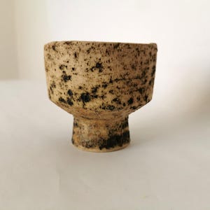 Peut inclure: Une petite coupe en céramique sur pied avec une surface beige texturée, parsemée de taches noires irrégulières et de zones marron foncé. Le récipient présente un bol supérieur cylindrique large qui se rétrécit vers une base circulaire.