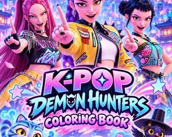 May include: A coloring book cover titled K-POP DEMON HUNTERS featuring three animated characters with vibrant hair, a blue striped cat, and a black bird in a hat. The background shows a city skyline under a full moon with cherry blossoms.