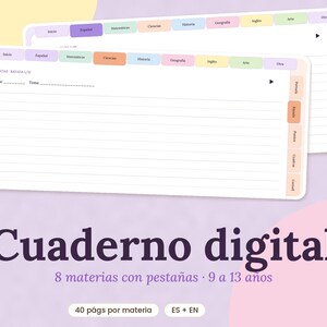 Cuaderno digital GoodNotes iPad 8 materias, 40 páginas por materia, Cornell y puntos + stickers aesthetic de regalo, 9 a 13 años