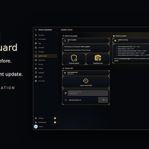 以下が含まれることがあります： ダーク背景に表示されたAURUM Update Guardソフトウェアインターフェース。テキストには「AURUM Update Guard, Safe to update? before. What broke? after. Every Home Assistant update. NO CUSTOM INTEGRATION」と記載されています。ダッシュボードには更新チェックのステータスが表示されています。