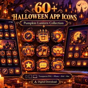 60+ Halloween App Icons, Pumpkin Lantern iPhone iPad Mac Theme, Orange Purple Digital Download