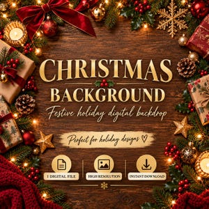 May include: A digital Christmas background featuring a dark wood surface framed by pine branches, red ornaments, gold stars, pinecones, and wrapped gifts. Text reads: CHRISTMAS BACKGROUND, Festive holiday digital backdrop, Perfect for holiday designs, 1 DIGITAL FILE, HIGH RESOLUTION, INSTANT DOWNLOAD.