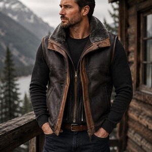 Men’s Dark Brown Shearling Vest, Real Leather Winter Outerwear with Fur Collar, Handmade Vest