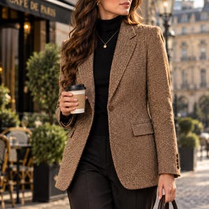 Pode incluir: Um blazer castanho com padrão espinha de peixe, fecho de um botão, lapelas entalhadas e bolsos com aba. O blazer é usado sobre uma camisola de gola alta preta e calças pretas, combinado com uma mala castanha escura e óculos de sol.