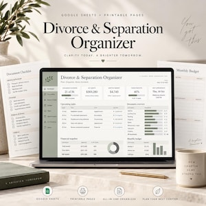 Puede incluir: Un organizador digital de divorcio y separación en la pantalla de una computadora portátil, con un panel de control, listas de tareas y listas de verificación de documentos. Incluye páginas imprimibles, un bolígrafo y una taza con el texto New Chapter Same Strong You.