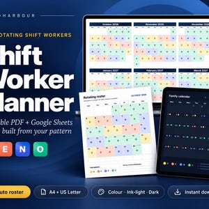 Könnte beinhalten: Ein digitaler Schichtplaner auf einem Laptop, einem Tablet und einem Ausdruck. Der Text lautet Monoharbour, Shift Worker Planner, Printable PDF + Google Sheets und Auto roster. Der Kalender zeigt farbcodierte Daten mit den Buchstaben D, E, N, O.