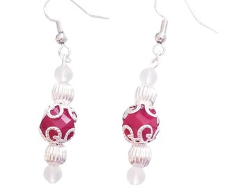 Red Earrings with Silver Bead Caps | Gifts for Her | Christmas Dangle Earrings | RED | Stocking Stuffer | Winter Accessories