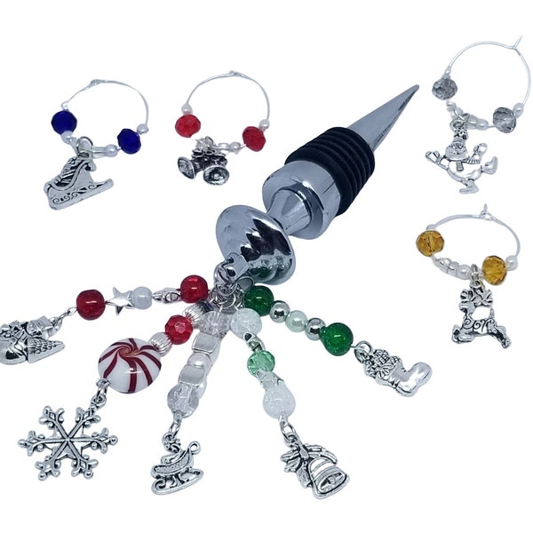 Christmas Wine Stopper Beaded Set + 4 Wine Charms | Red Green | Peppermint Candy | Wine Charms Wine Gifts | Gifts For Her | Stocking Stuffer