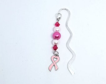 Pink Ribbon Bookmark | Breast Cancer | Pink Beads | Beaded Shepherds Hook Bookmark | Pink Heart Ribbon Charm | Survivor | Caregiver (B3)