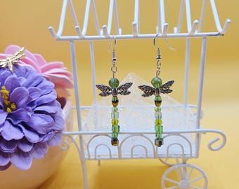Whimsical Dragonfly Earrings | Green or Blue Accents | 2.5&quot; Long