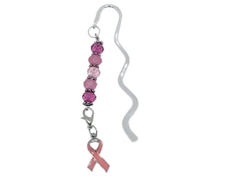 Pink Ribbon Bookmark | Breast Cancer | Pink Beads | Beaded Shepherds Hook Bookmark | Pink Ribbon Charm | Survivor | Caregiver (B6)