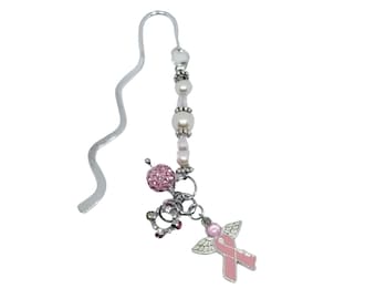 Pink Ribbon Bookmark | Breast Cancer | Pink Beads Rhinestones | Angel Wings | Beaded Shepherds Hook Bookmark | Survivor | Caregiver (B1)
